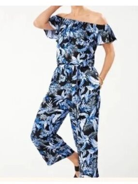 Tommy Bahama Blue Floral Off-Shoulder Straight Leg Jumpsuit